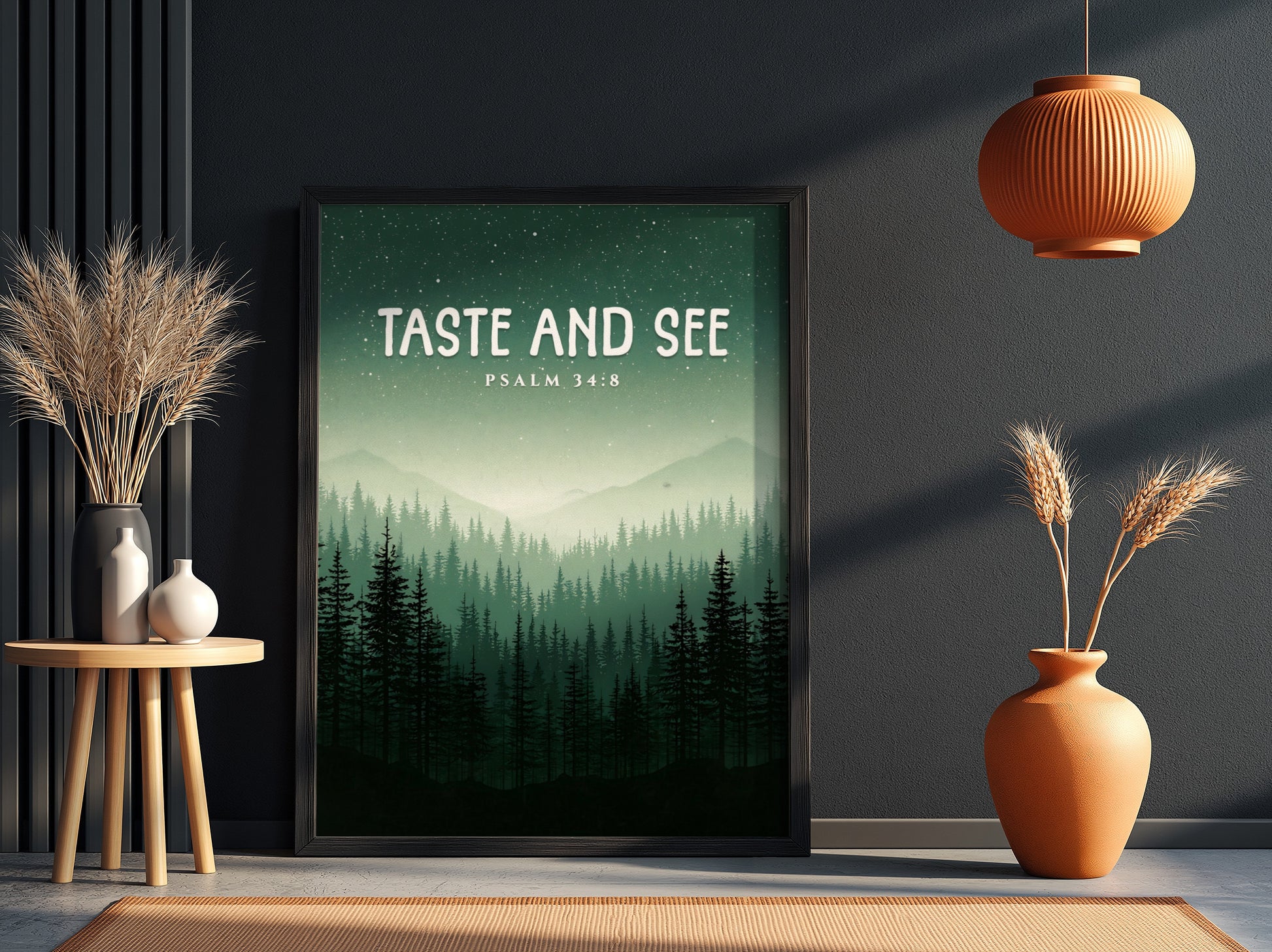 Taste and See Poster featuring misty mountains and evergreen trees, inspirational wall art based on Psalm 34:8