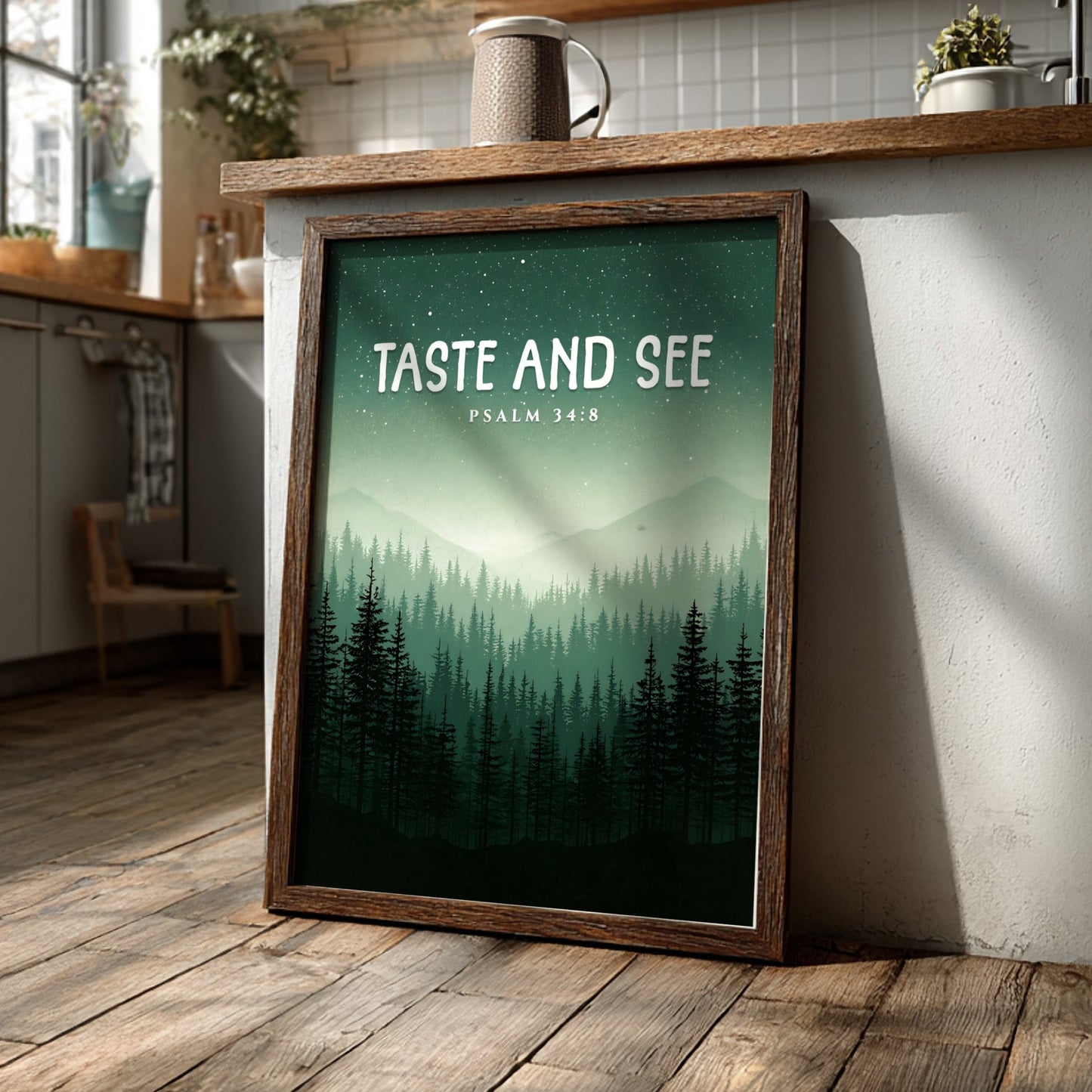 Taste and See Poster featuring misty mountains and evergreen trees, inspirational wall art based on Psalm 34:8