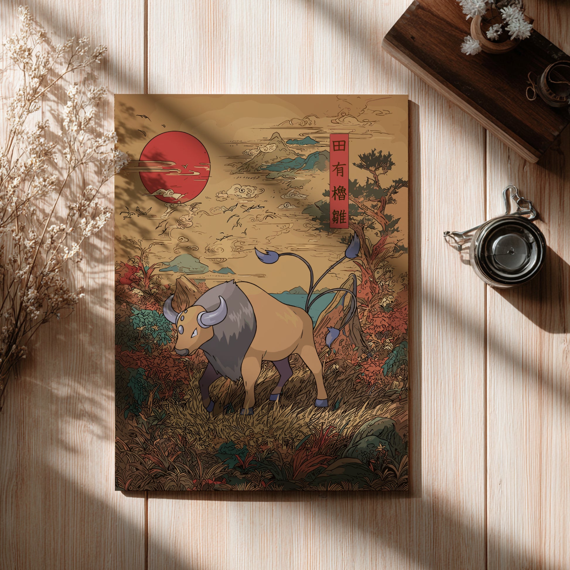 Decorative poster with Tauros Pokemon illustration on a wooden surface