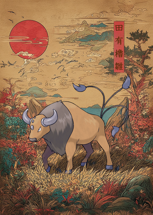 Traditional-style illustration of Tauros Pokemon in a landscape with a red sun and mountains.