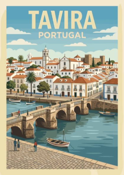 Poster of Tavira Portugal featuring a historic stone bridge over a blue river