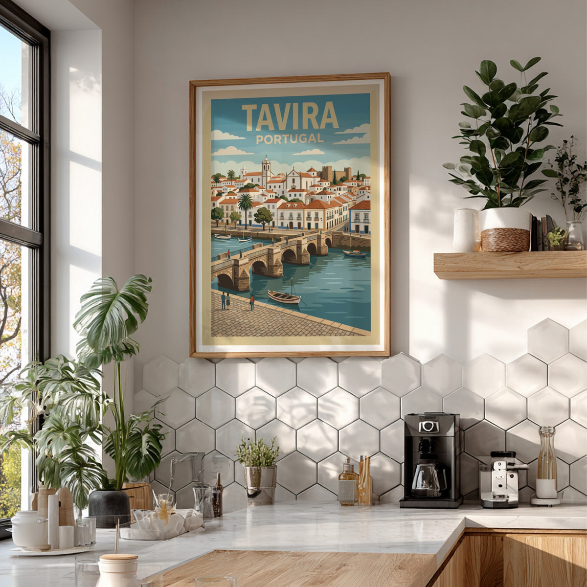 Poster of Tavira Portugal featuring a historic stone bridge over a blue river