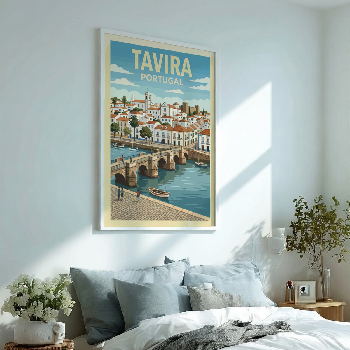 Poster of Tavira Portugal featuring a historic stone bridge over a blue river