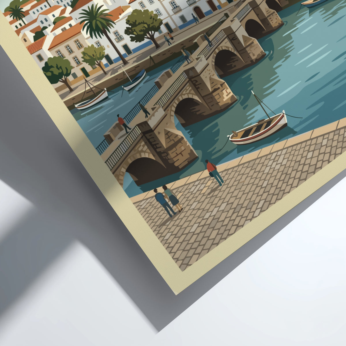 Poster of Tavira Portugal featuring a historic stone bridge over a blue river