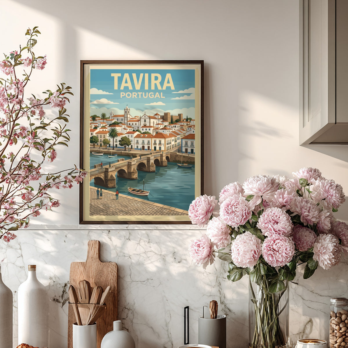 Poster of Tavira Portugal featuring a historic stone bridge over a blue river