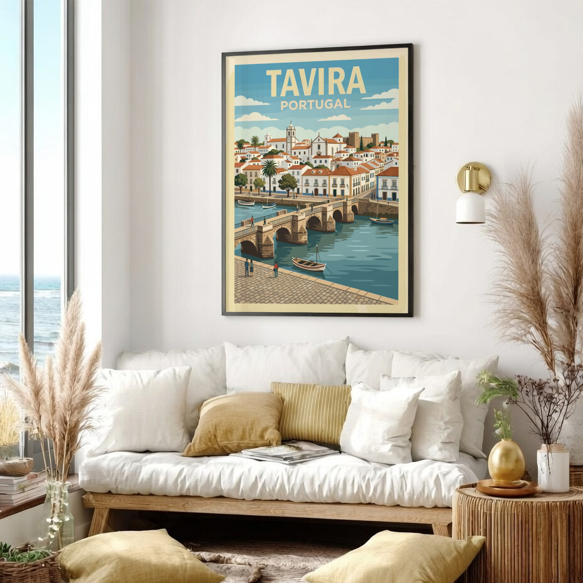 Poster of Tavira Portugal featuring a historic stone bridge over a blue river