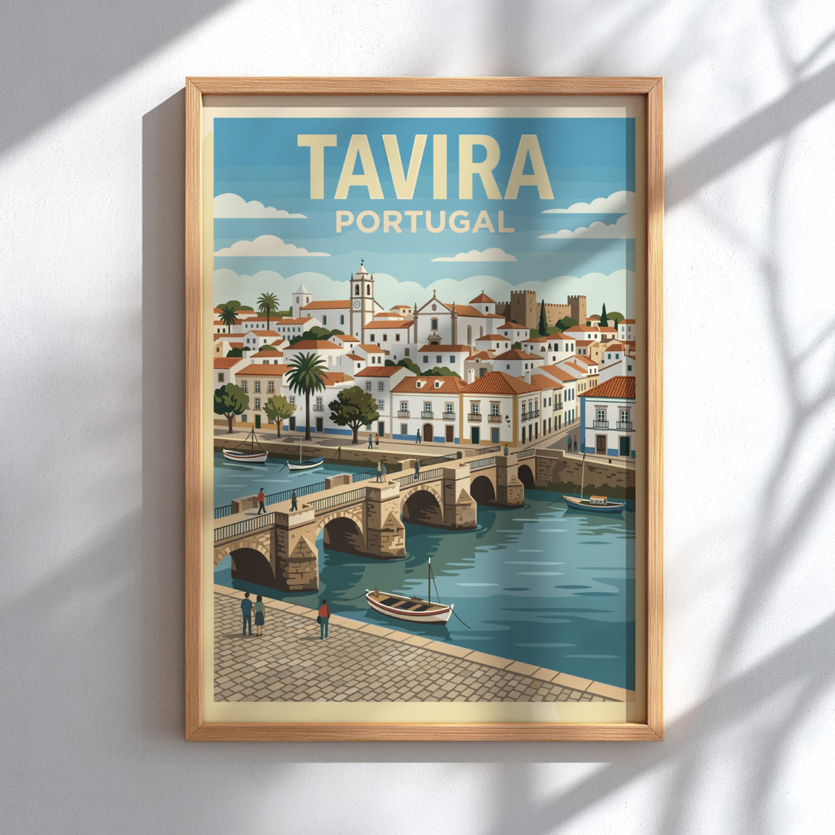 Poster of Tavira Portugal featuring a historic stone bridge over a blue river