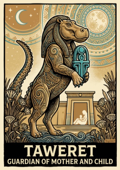 Poster featuring the Egyptian goddess Taweret with intricate patterns and golden earth tones.