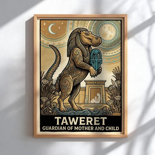 Poster featuring the Egyptian goddess Taweret with intricate patterns and golden earth tones.