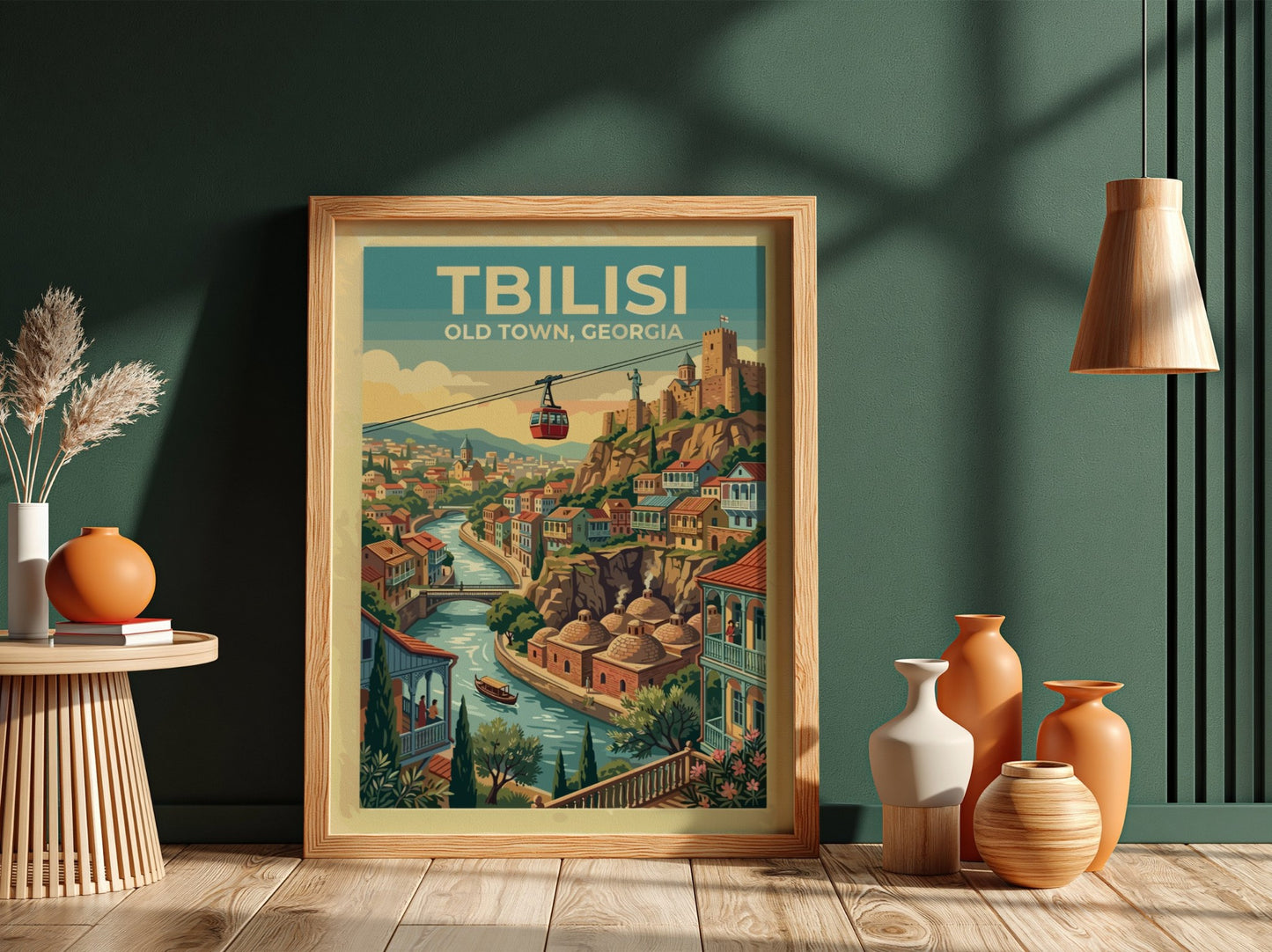 Tbilisi Old Town travel poster featuring a cable car over the river and fortress