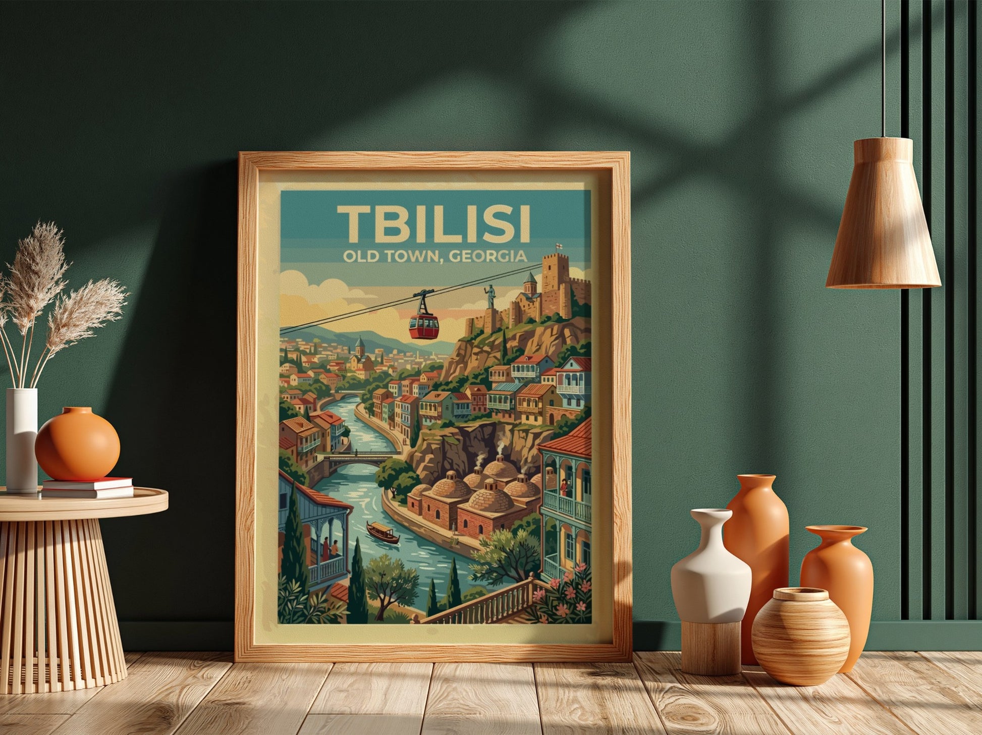Tbilisi Old Town travel poster featuring a cable car over the river and fortress