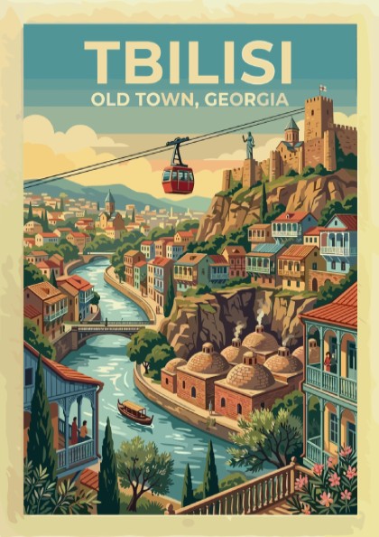 Tbilisi Old Town travel poster featuring a cable car over the river and fortress