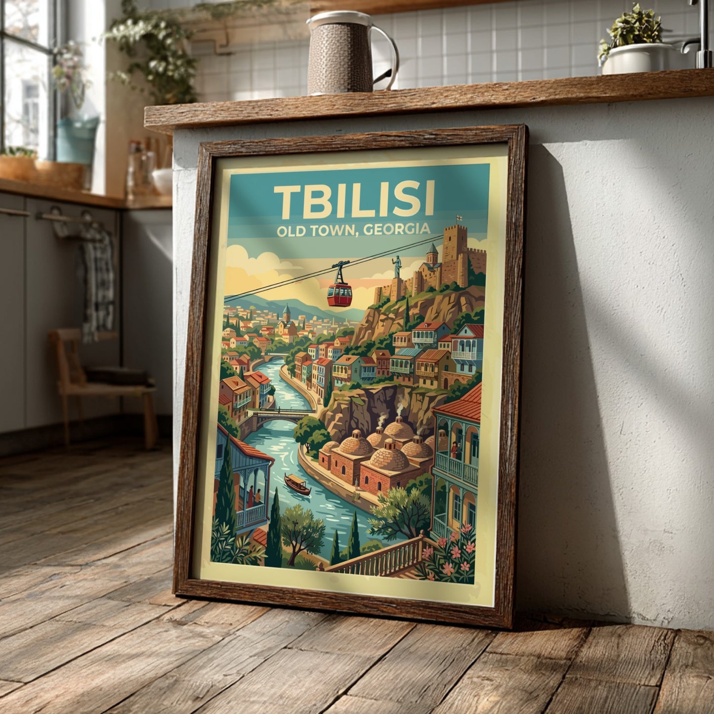 Tbilisi Old Town travel poster featuring a cable car over the river and fortress