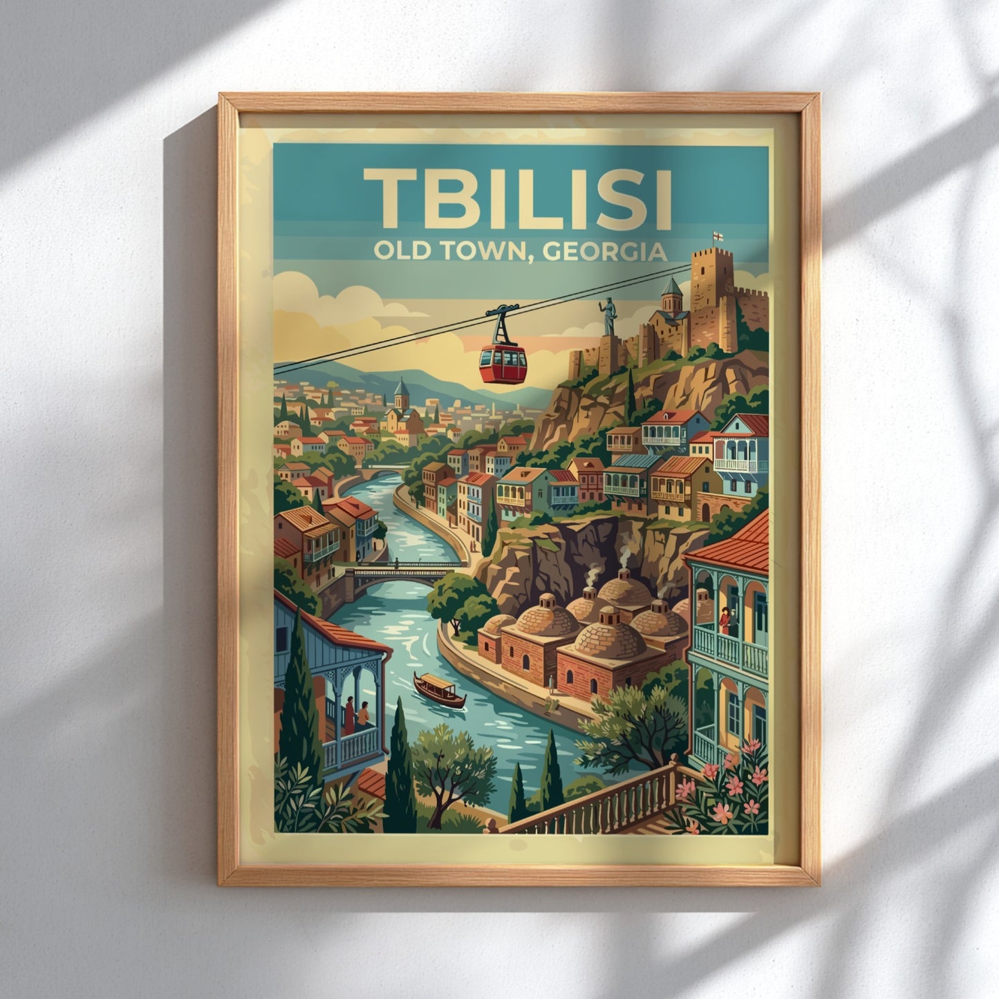 Tbilisi Old Town travel poster featuring a cable car over the river and fortress