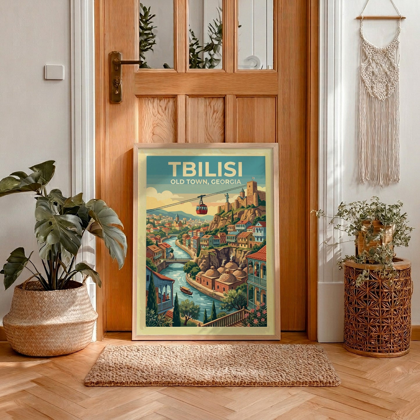 Tbilisi Old Town travel poster featuring a cable car over the river and fortress