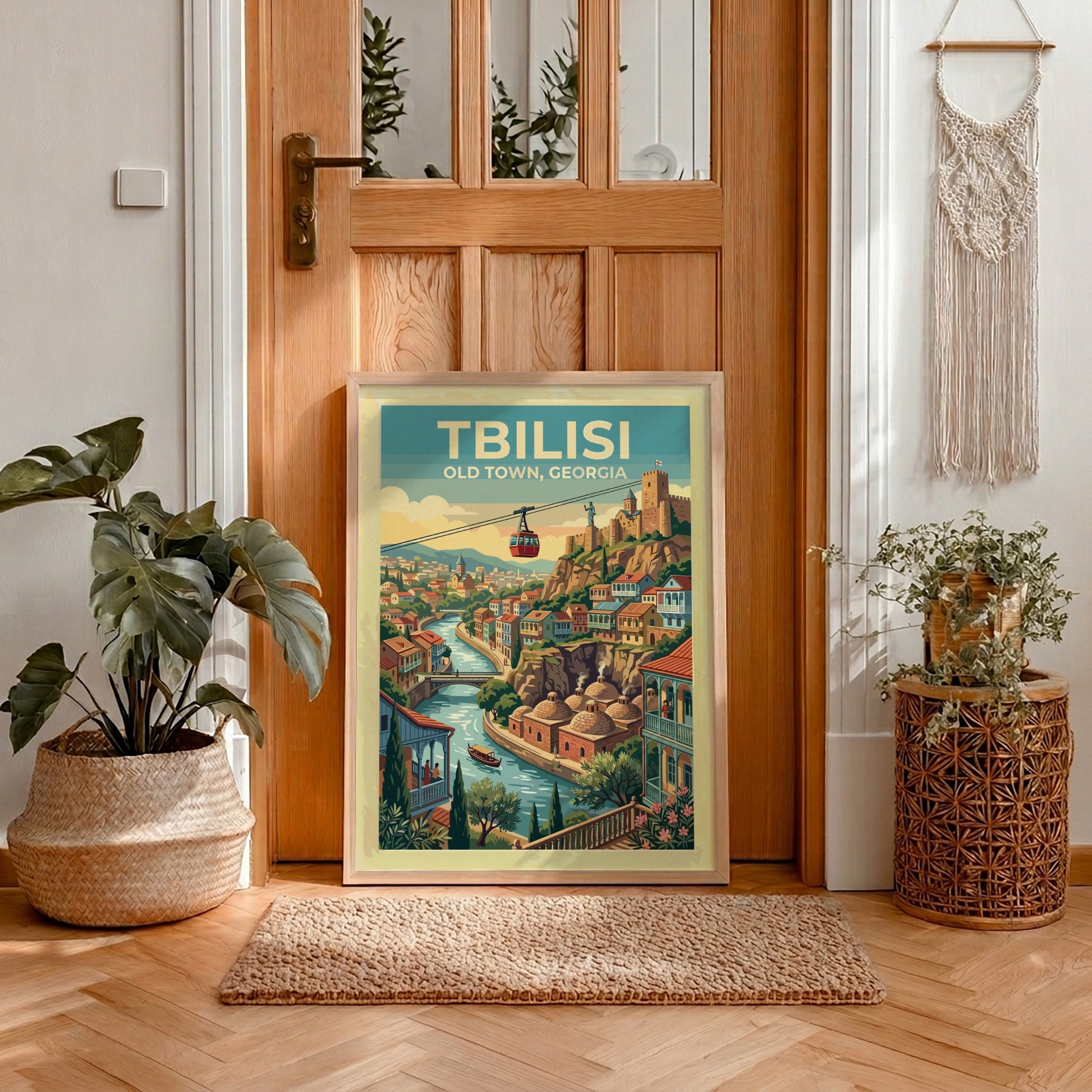 Tbilisi Old Town travel poster featuring a cable car over the river and fortress