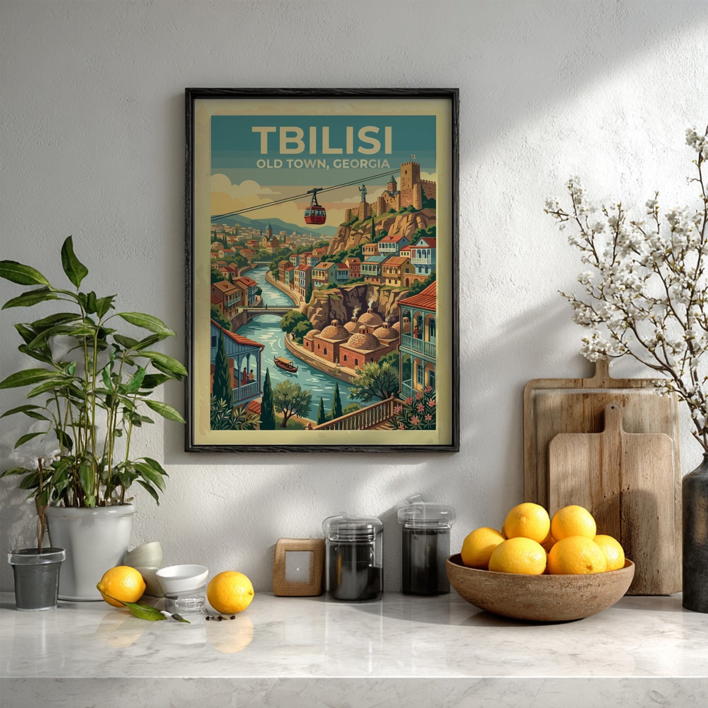 Tbilisi Old Town travel poster featuring a cable car over the river and fortress