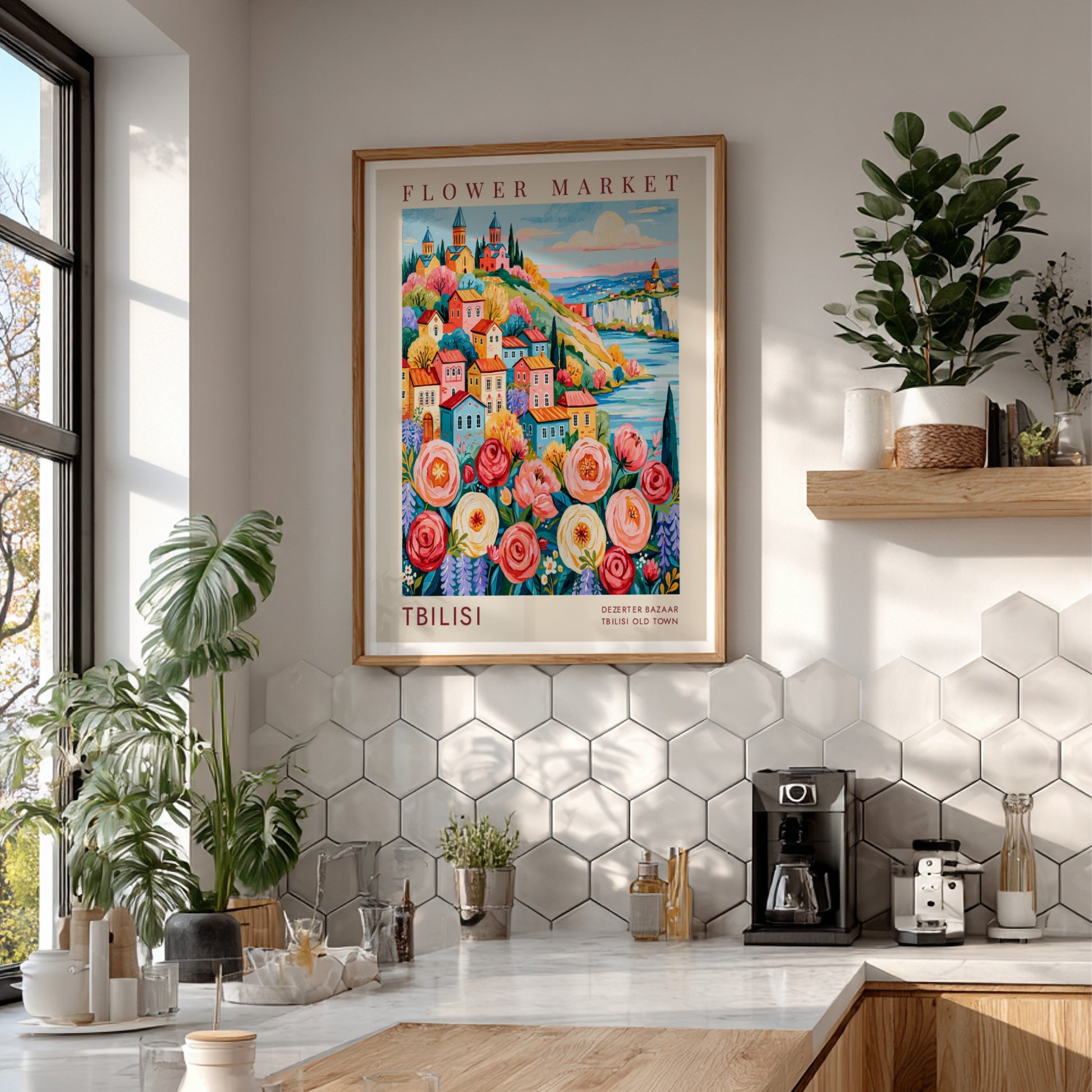 Flower market poster showcasing vibrant colors and charming cityscape in Tbilisi