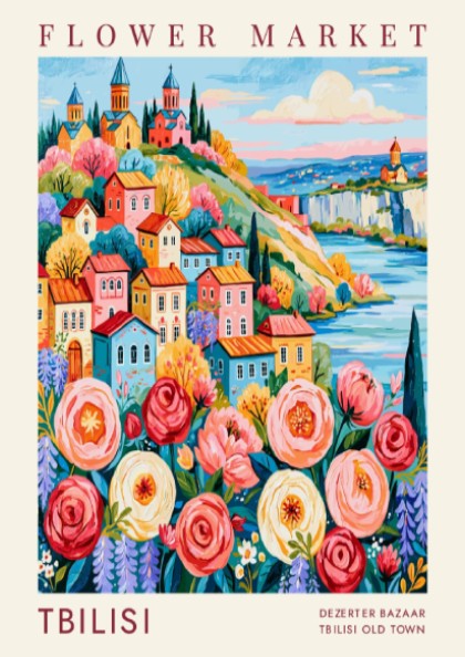 Flower market poster showcasing vibrant colors and charming cityscape in Tbilisi