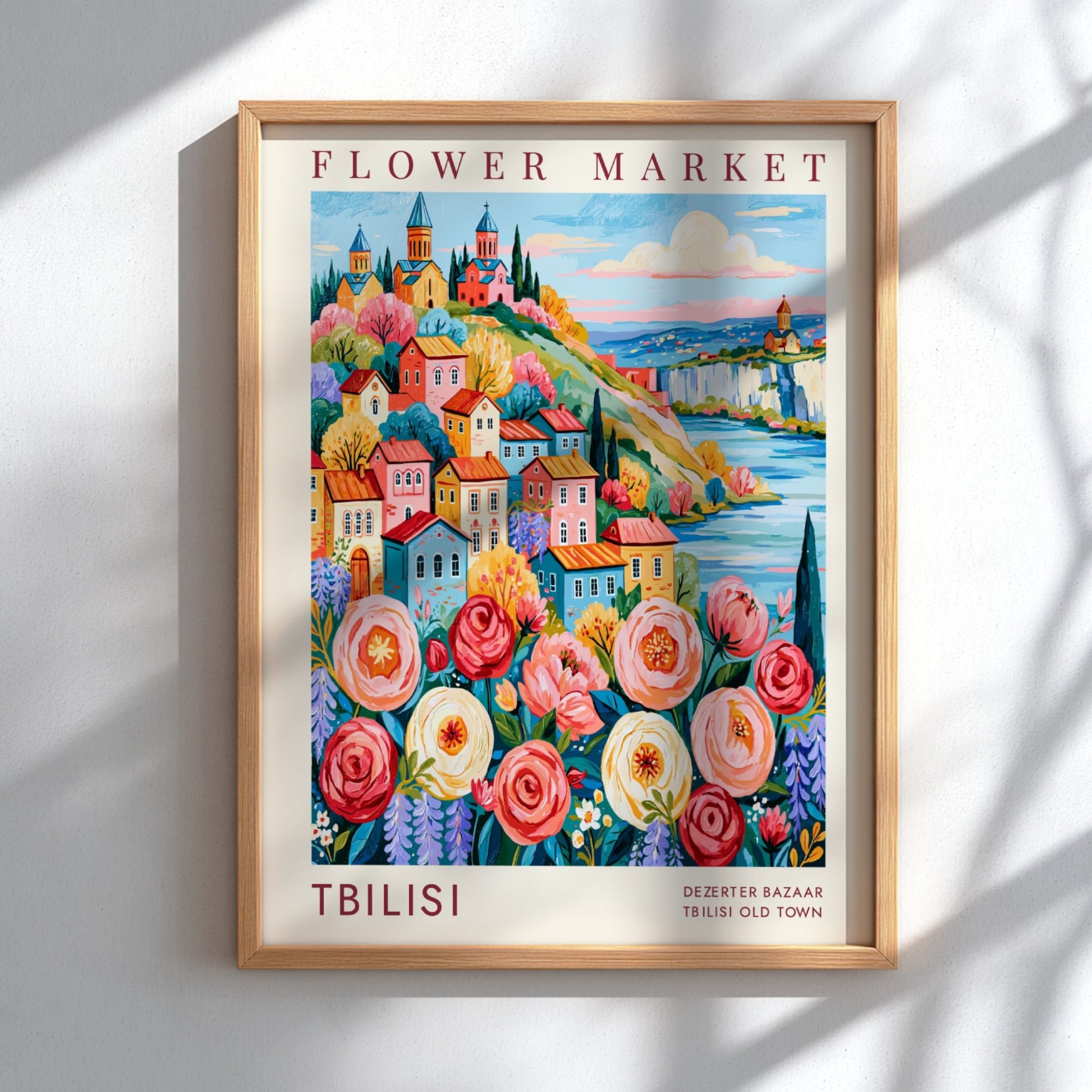 Flower market poster showcasing vibrant colors and charming cityscape in Tbilisi