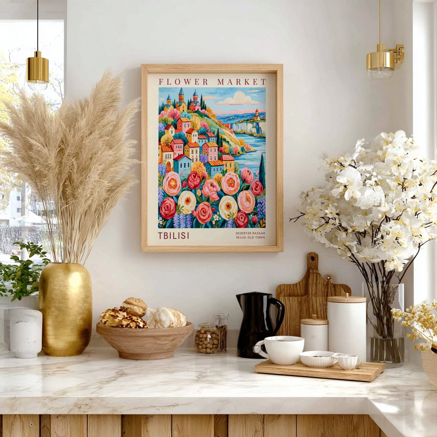Flower market poster showcasing vibrant colors and charming cityscape in Tbilisi