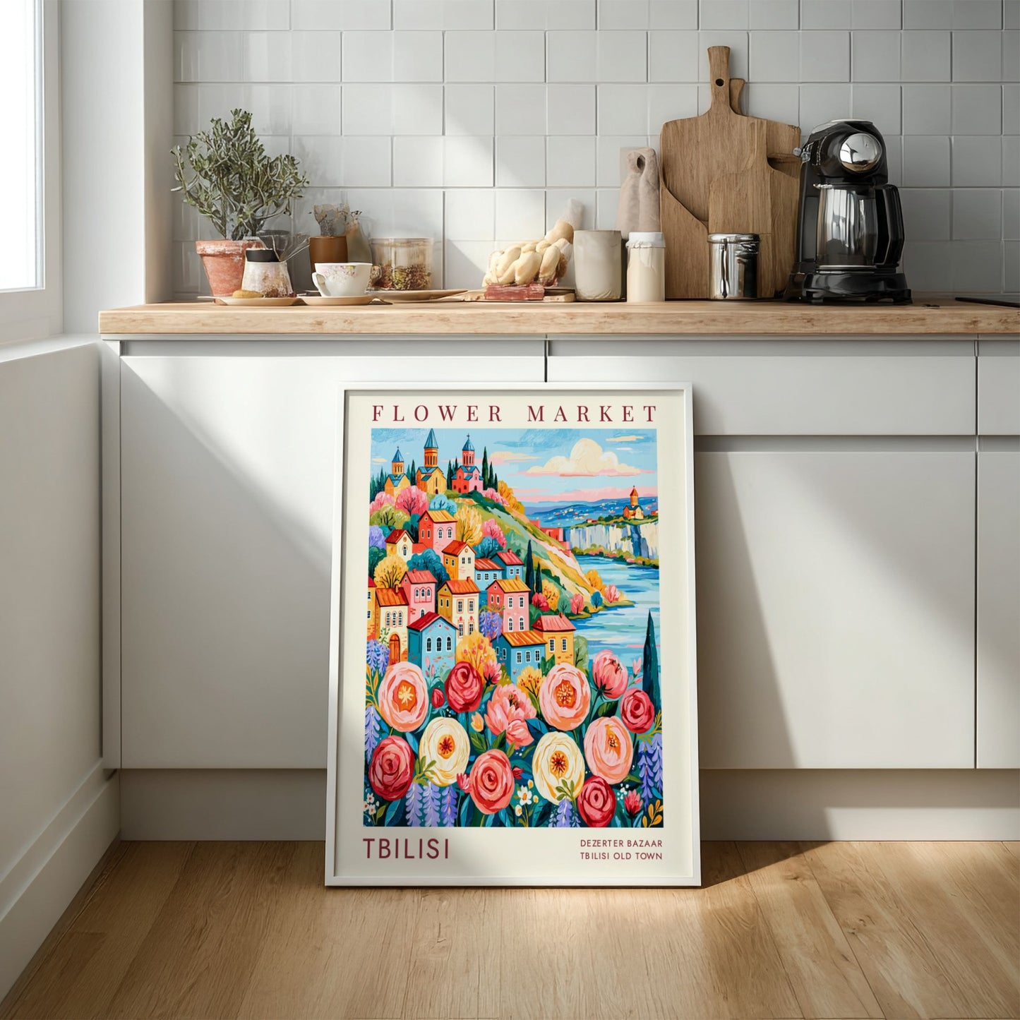 Flower market poster showcasing vibrant colors and charming cityscape in Tbilisi