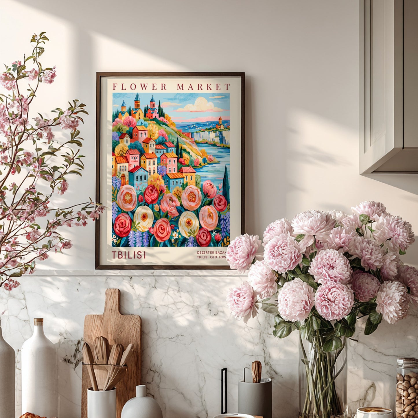 Flower market poster showcasing vibrant colors and charming cityscape in Tbilisi
