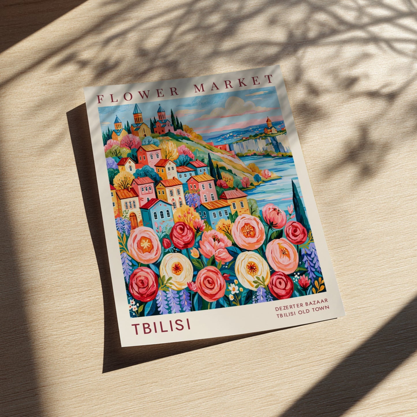 Flower market poster showcasing vibrant colors and charming cityscape in Tbilisi