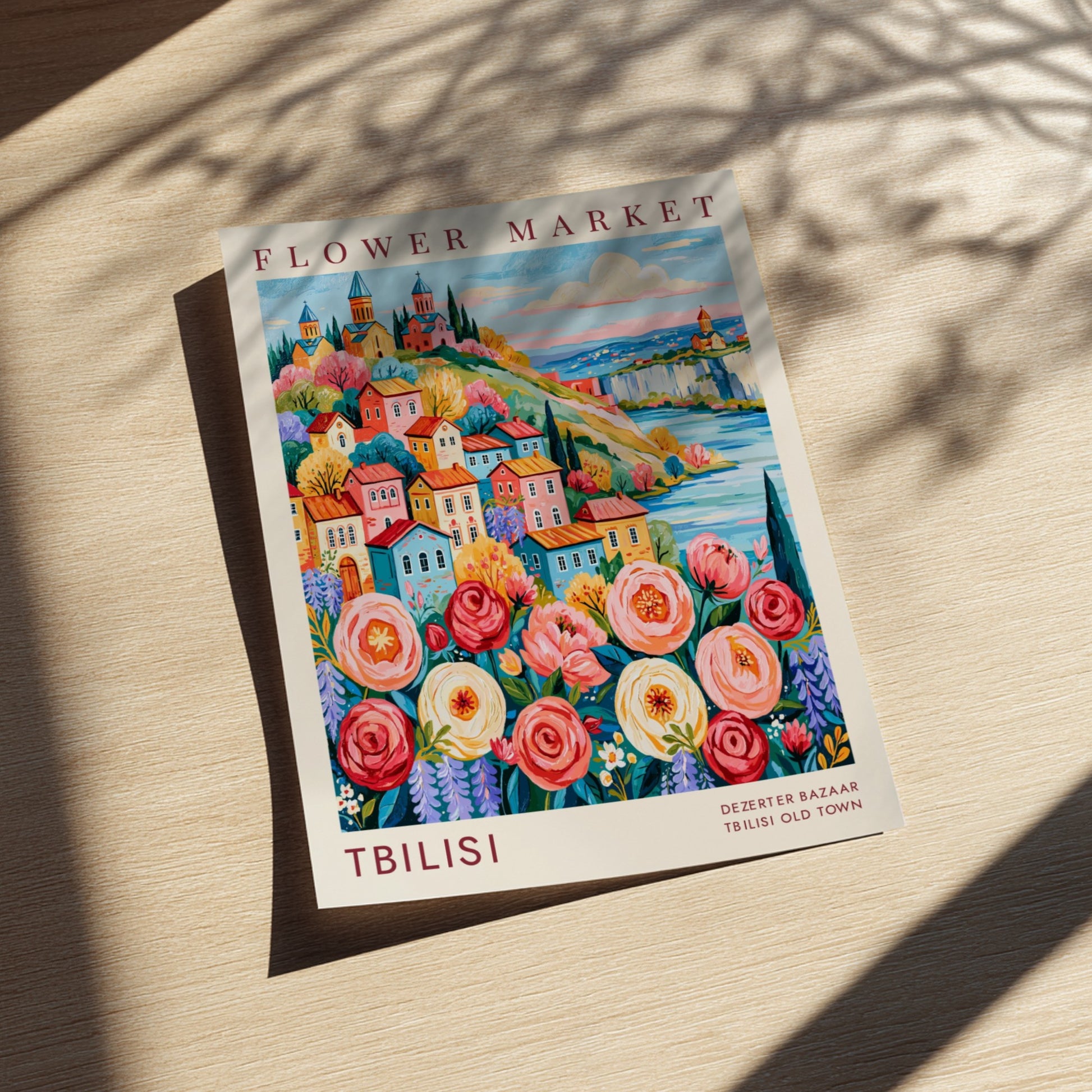 Flower market poster showcasing vibrant colors and charming cityscape in Tbilisi