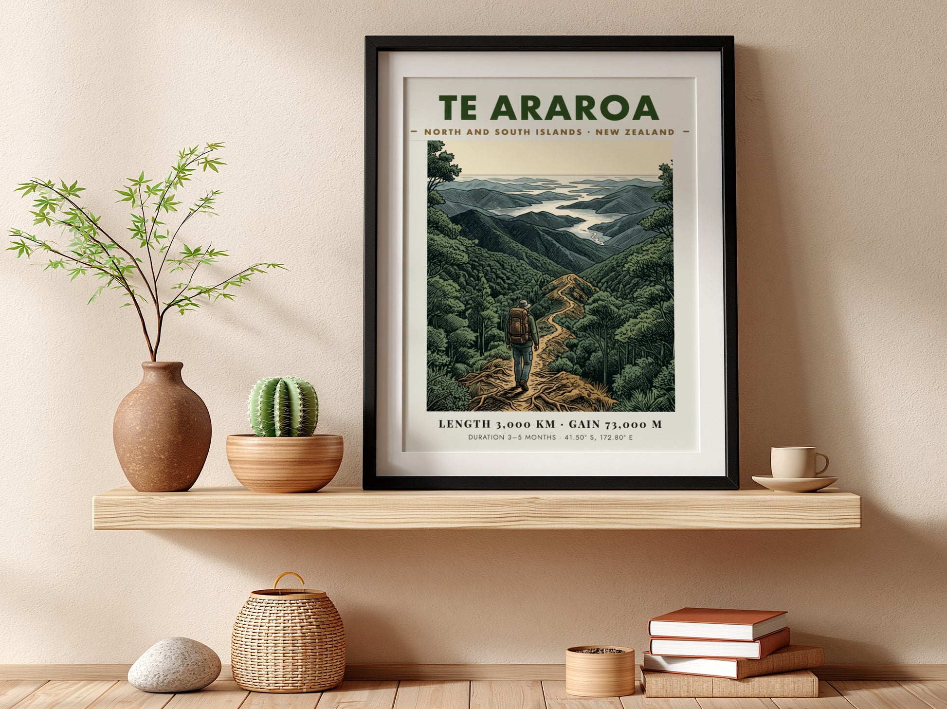 Poster of a hiker on the Te Araroa trail in the New Zealand mountains.