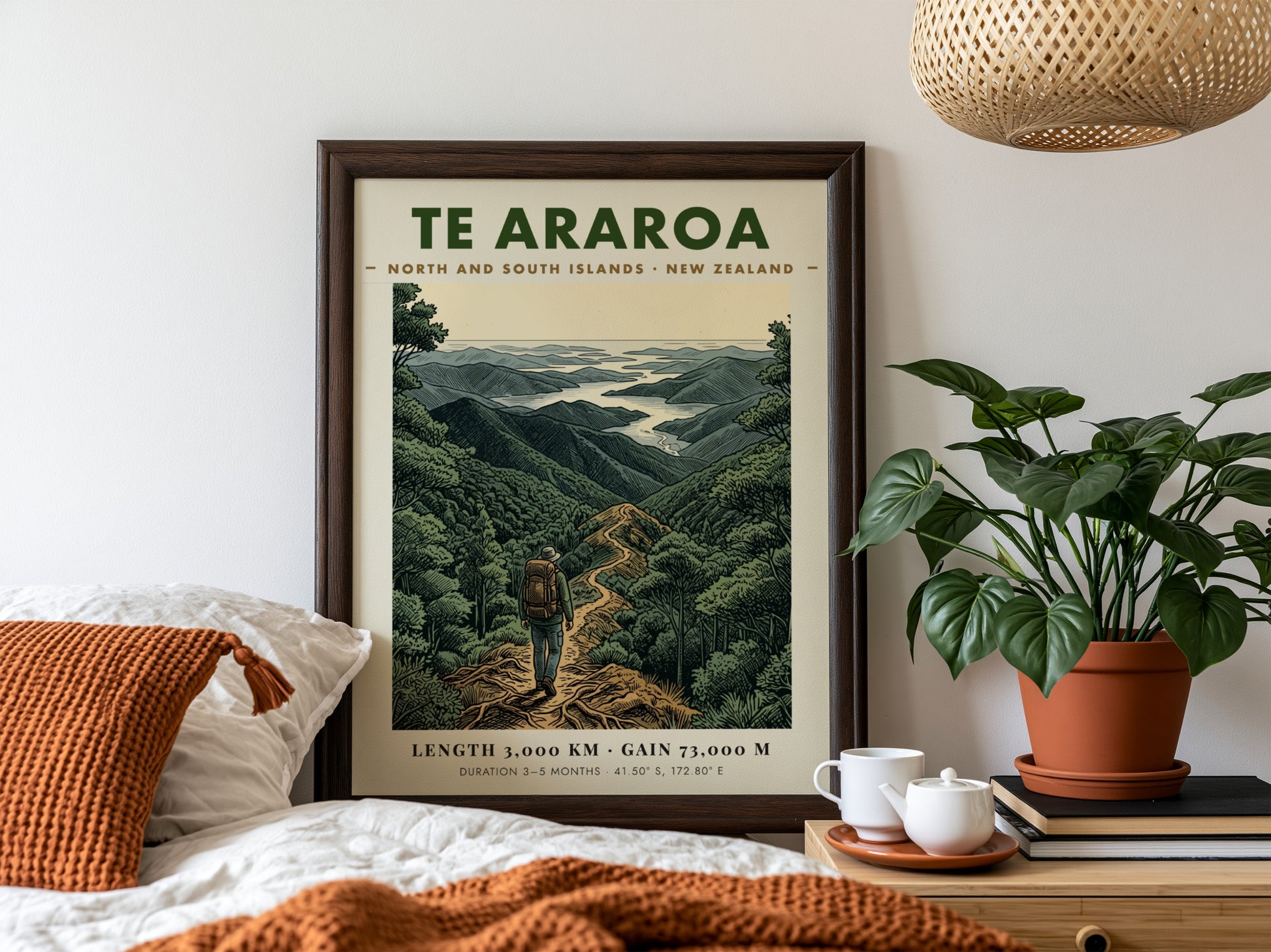 Poster of a hiker on the Te Araroa trail in the New Zealand mountains.