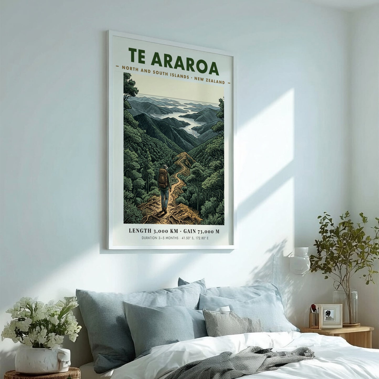 Poster of a hiker on the Te Araroa trail in the New Zealand mountains.