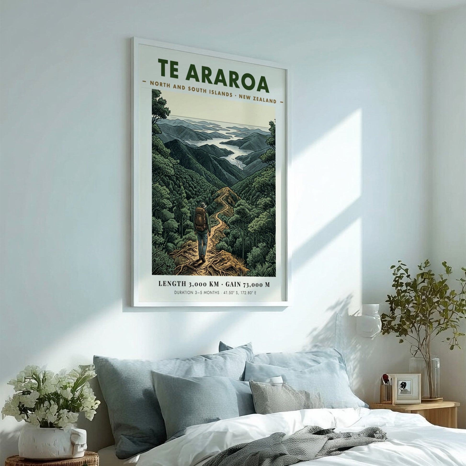 Poster of a hiker on the Te Araroa trail in the New Zealand mountains.