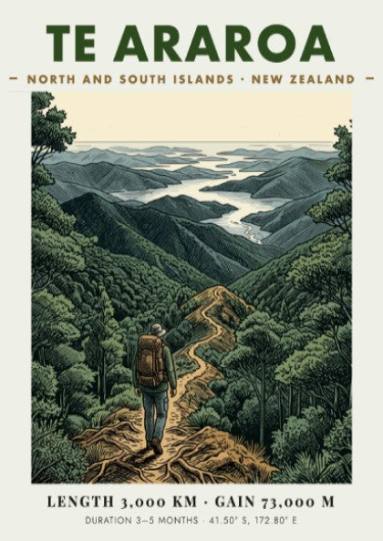 Poster of a hiker on the Te Araroa trail in the New Zealand mountains.