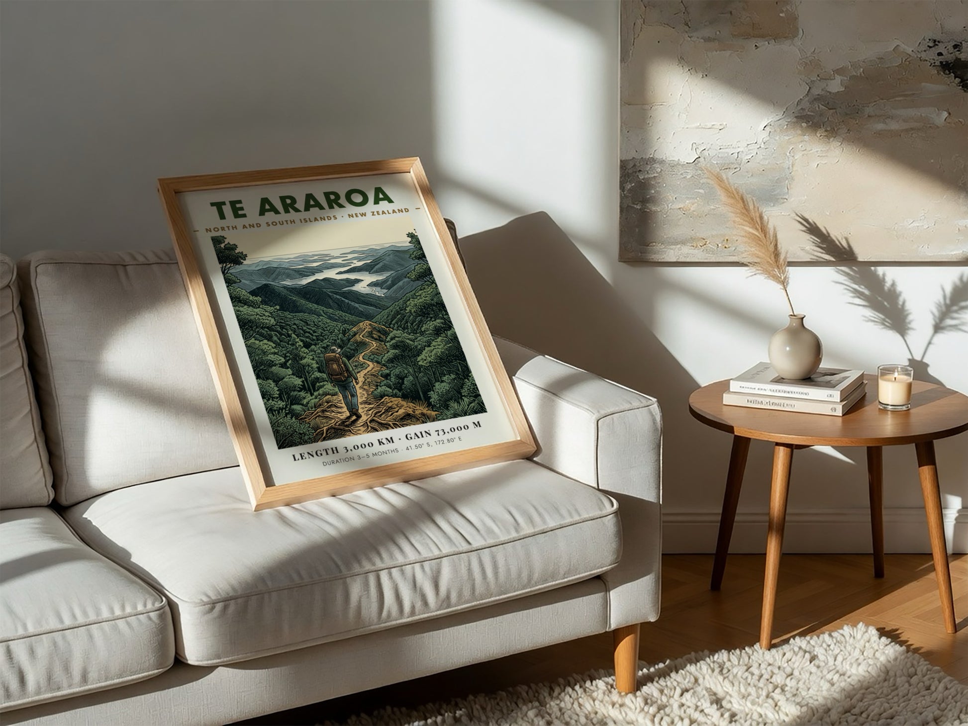 Poster of a hiker on the Te Araroa trail in the New Zealand mountains.