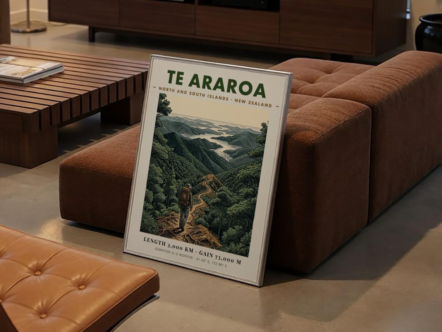 Poster of a hiker on the Te Araroa trail in the New Zealand mountains.