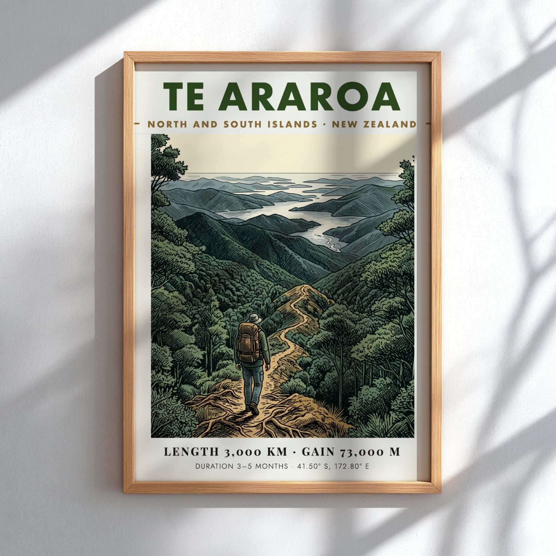 Poster of a hiker on the Te Araroa trail in the New Zealand mountains.