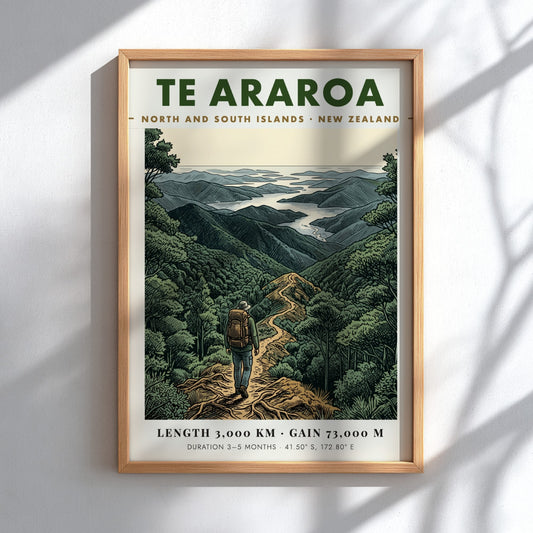 Poster of a hiker on the Te Araroa trail in the New Zealand mountains.
