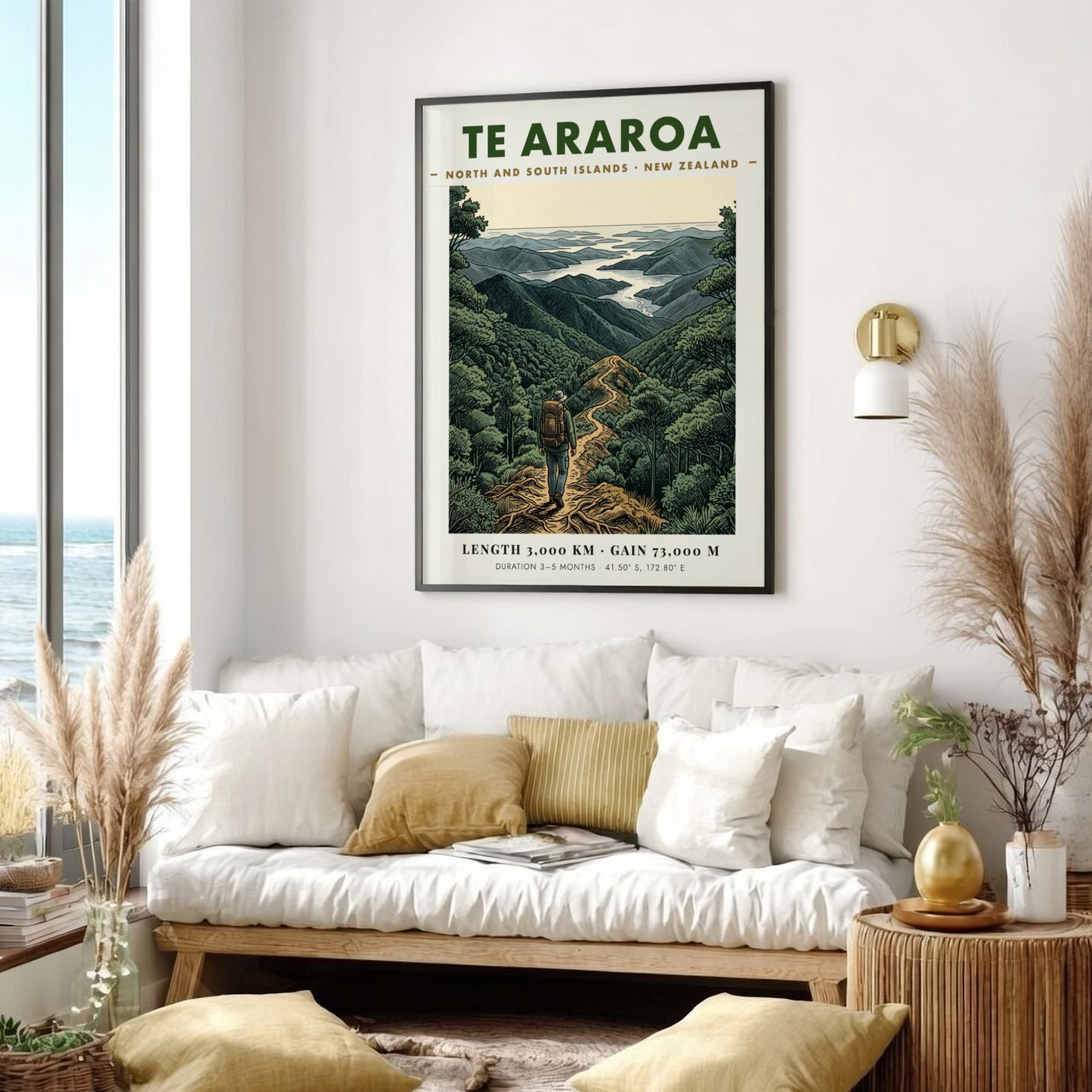Poster of a hiker on the Te Araroa trail in the New Zealand mountains.