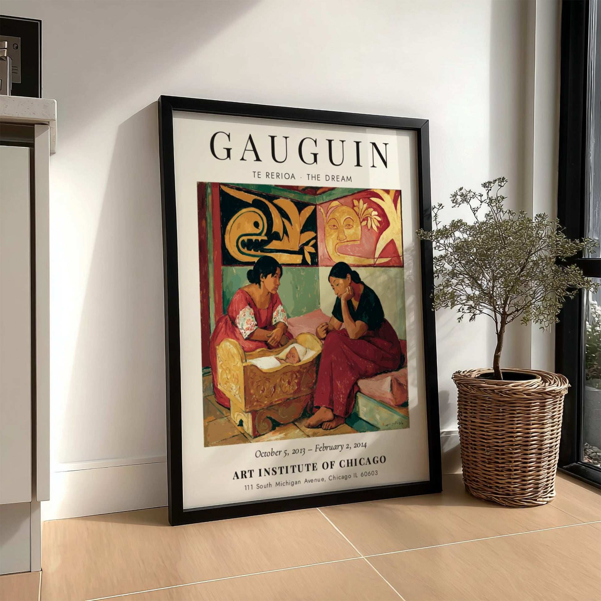 Gauguin Exhibition Poster featuring 'Te Rerioa - The Dream' with warm colors and serene figures.