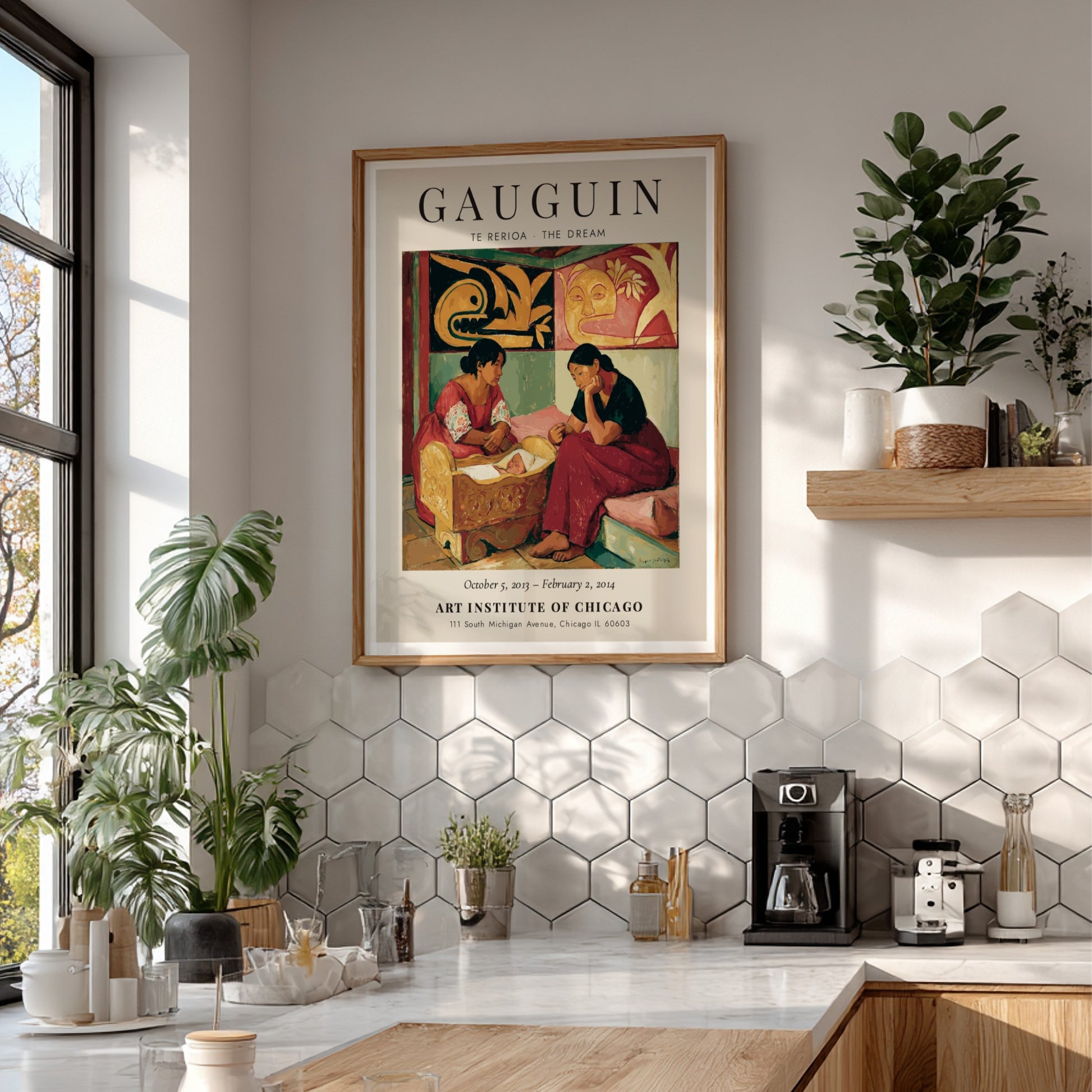 Gauguin Exhibition Poster featuring 'Te Rerioa - The Dream' with warm colors and serene figures.
