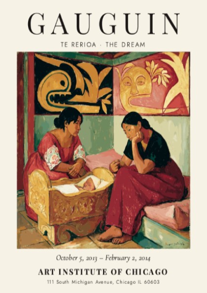 Gauguin Exhibition Poster featuring 'Te Rerioa - The Dream' with warm colors and serene figures.