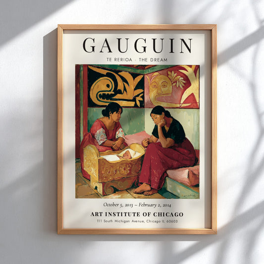 Gauguin Exhibition Poster featuring 'Te Rerioa - The Dream' with warm colors and serene figures.