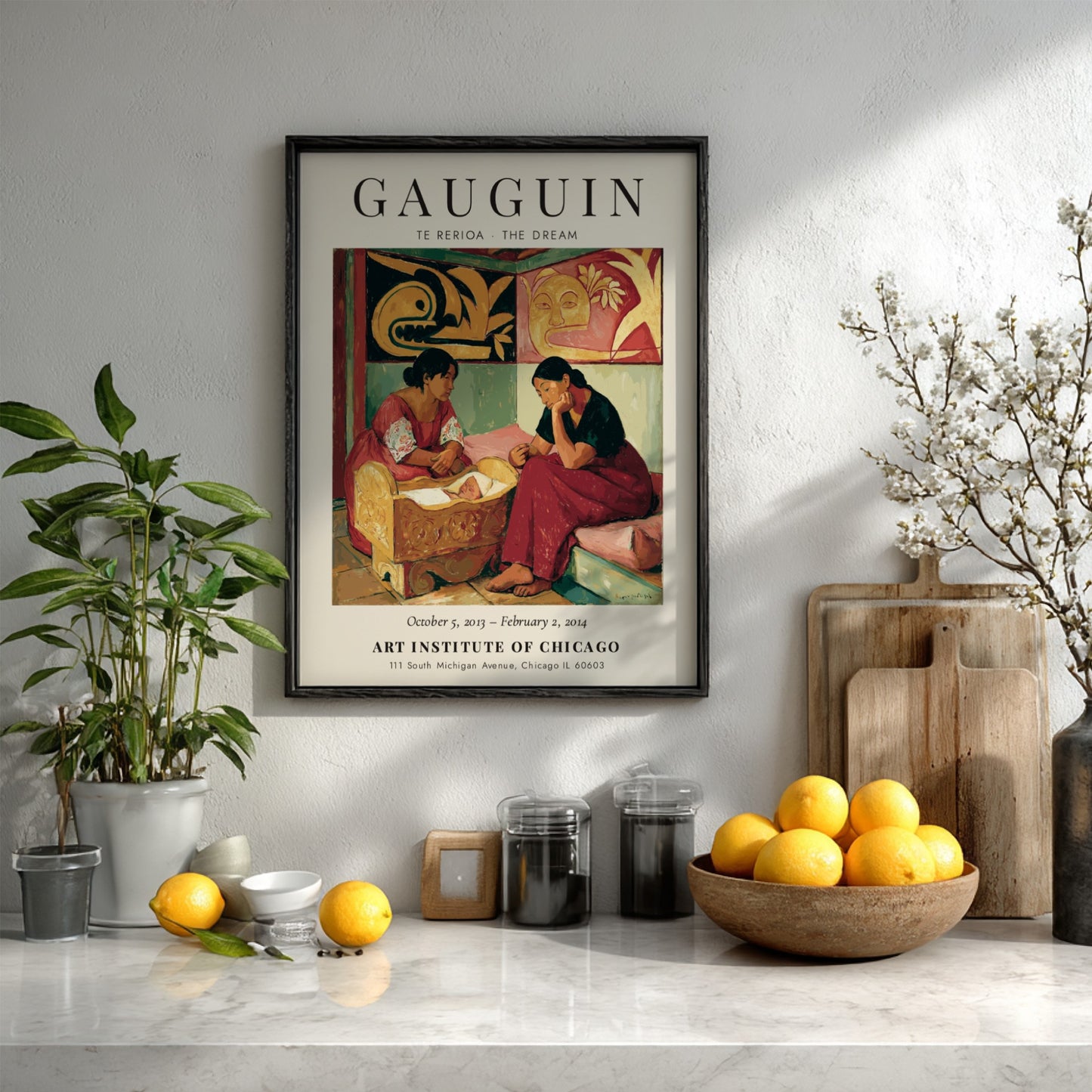 Gauguin Exhibition Poster featuring 'Te Rerioa - The Dream' with warm colors and serene figures.