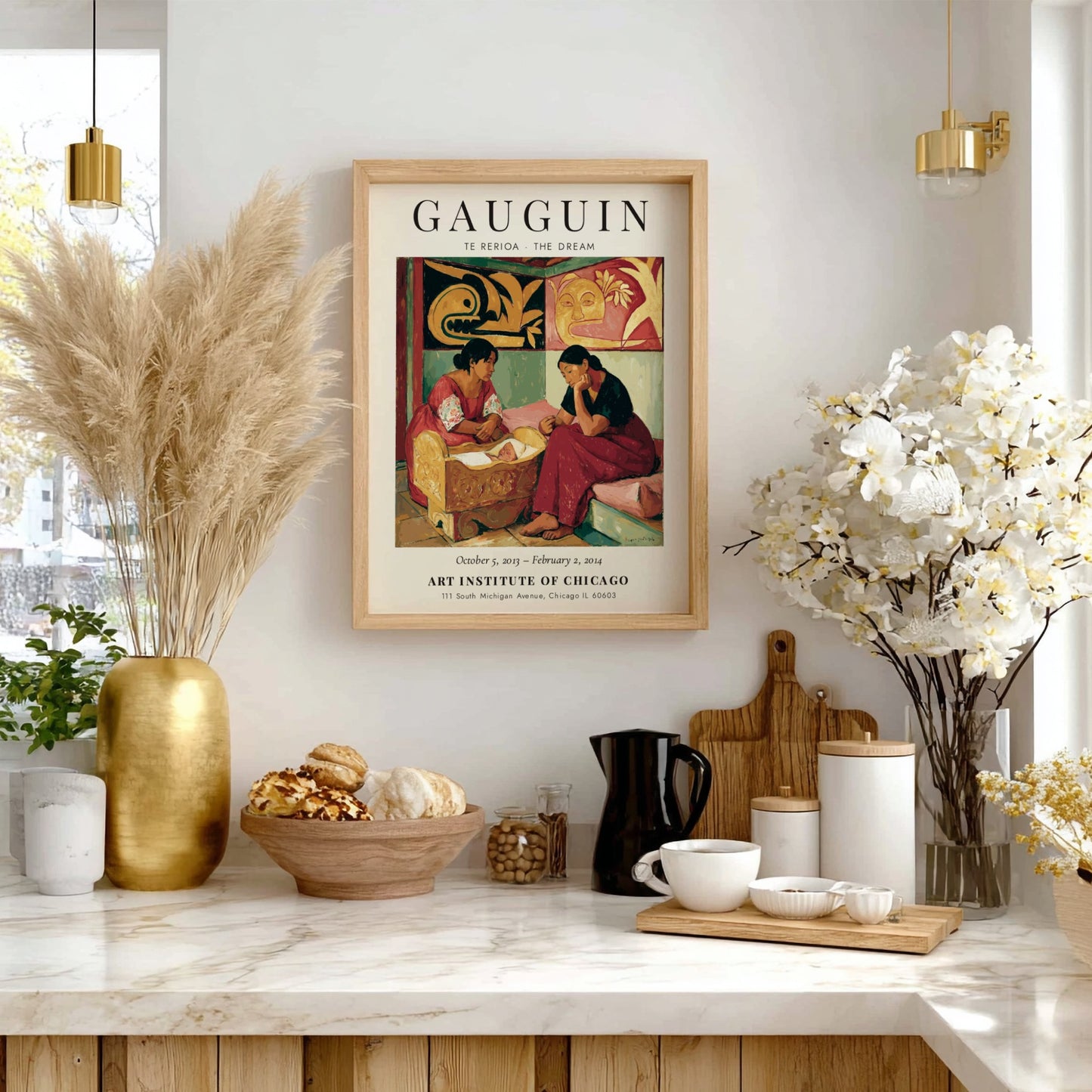 Gauguin Exhibition Poster featuring 'Te Rerioa - The Dream' with warm colors and serene figures.