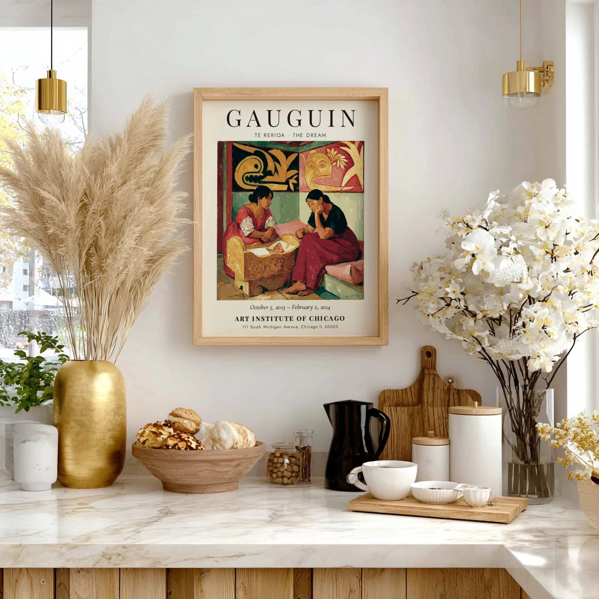 Gauguin Exhibition Poster featuring 'Te Rerioa - The Dream' with warm colors and serene figures.