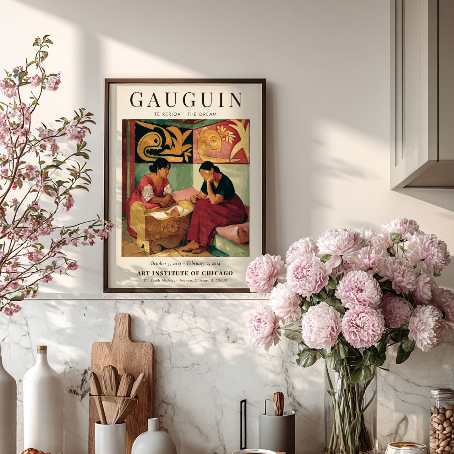 Gauguin Exhibition Poster featuring 'Te Rerioa - The Dream' with warm colors and serene figures.