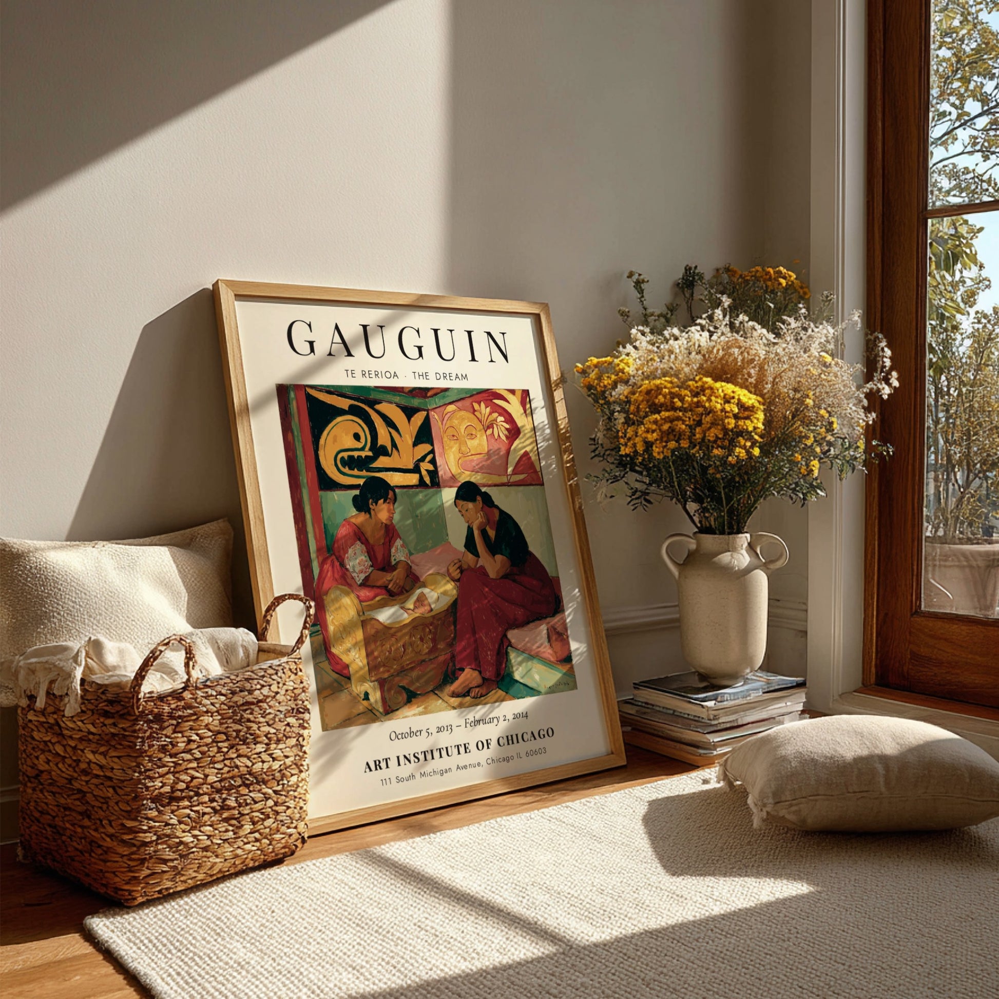 Gauguin Exhibition Poster featuring 'Te Rerioa - The Dream' with warm colors and serene figures.