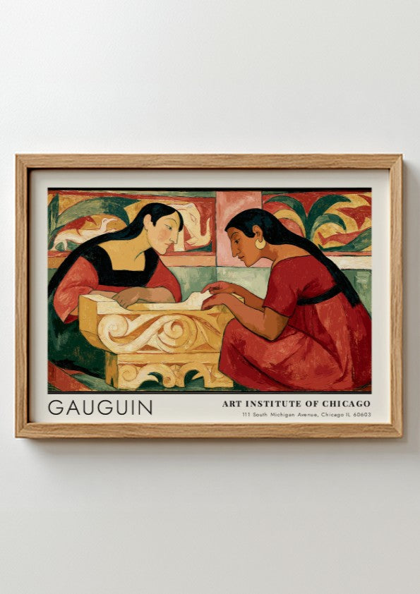 Wall art poster featuring Gauguin's Te Rerioa with two women in warm earthy tones.