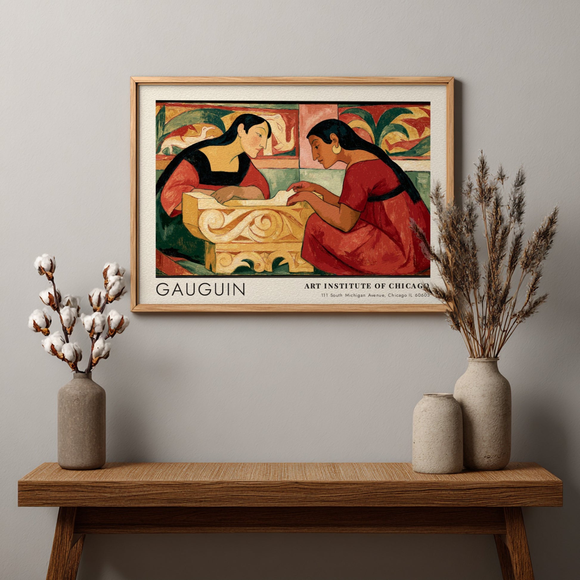Wall art poster featuring Gauguin's Te Rerioa with two women in warm earthy tones.